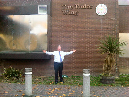 Mike outside the boarded up Tudor Wing